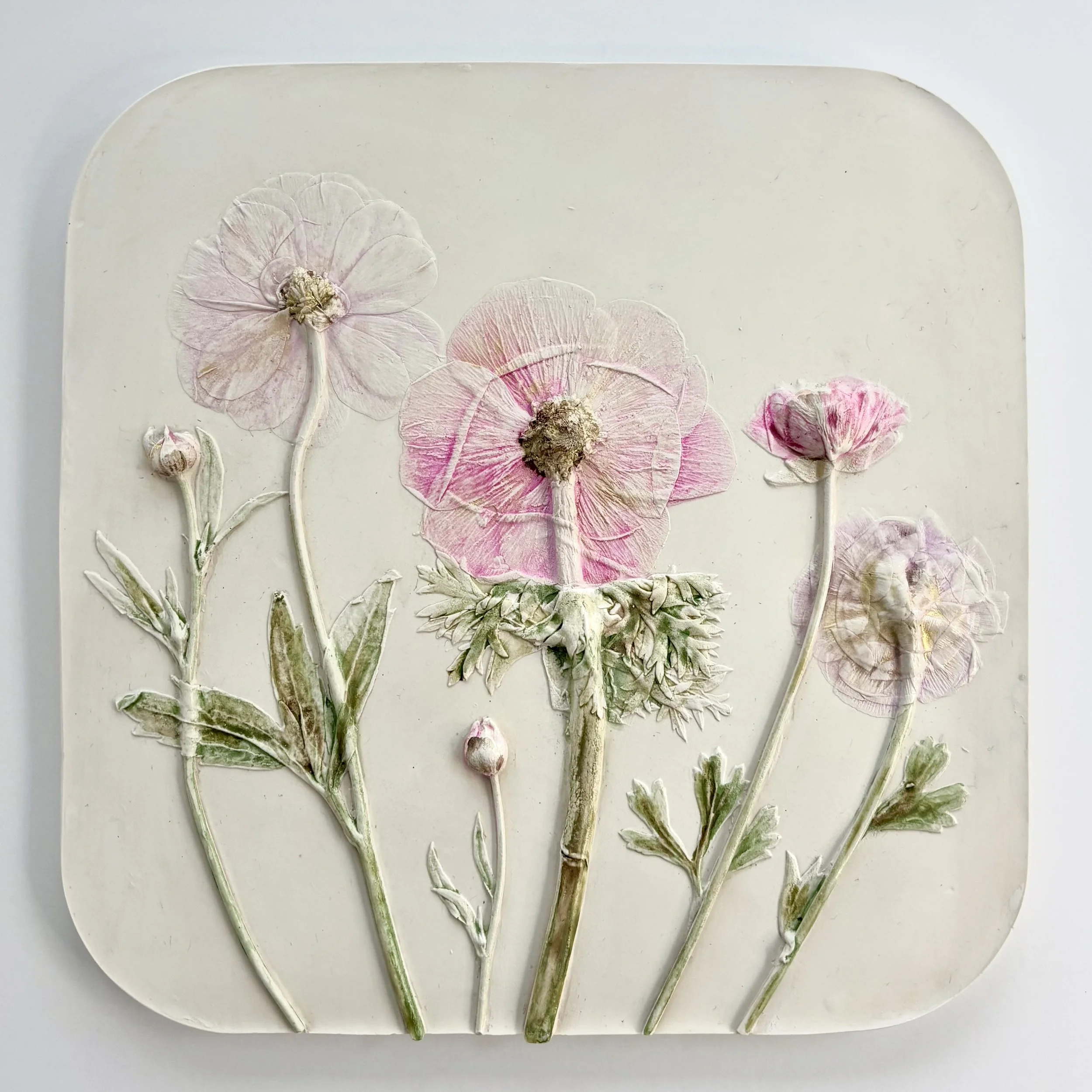   Gentle Magenta, natural watercolour, gouache, milk-paint pigment and topcoat on hydrostone, 9in x 9in x 0.4in (ready to hang with picture-wire hook on back)   This botanical cast wall sculpture features soft hues to highlight detailing of leaves an