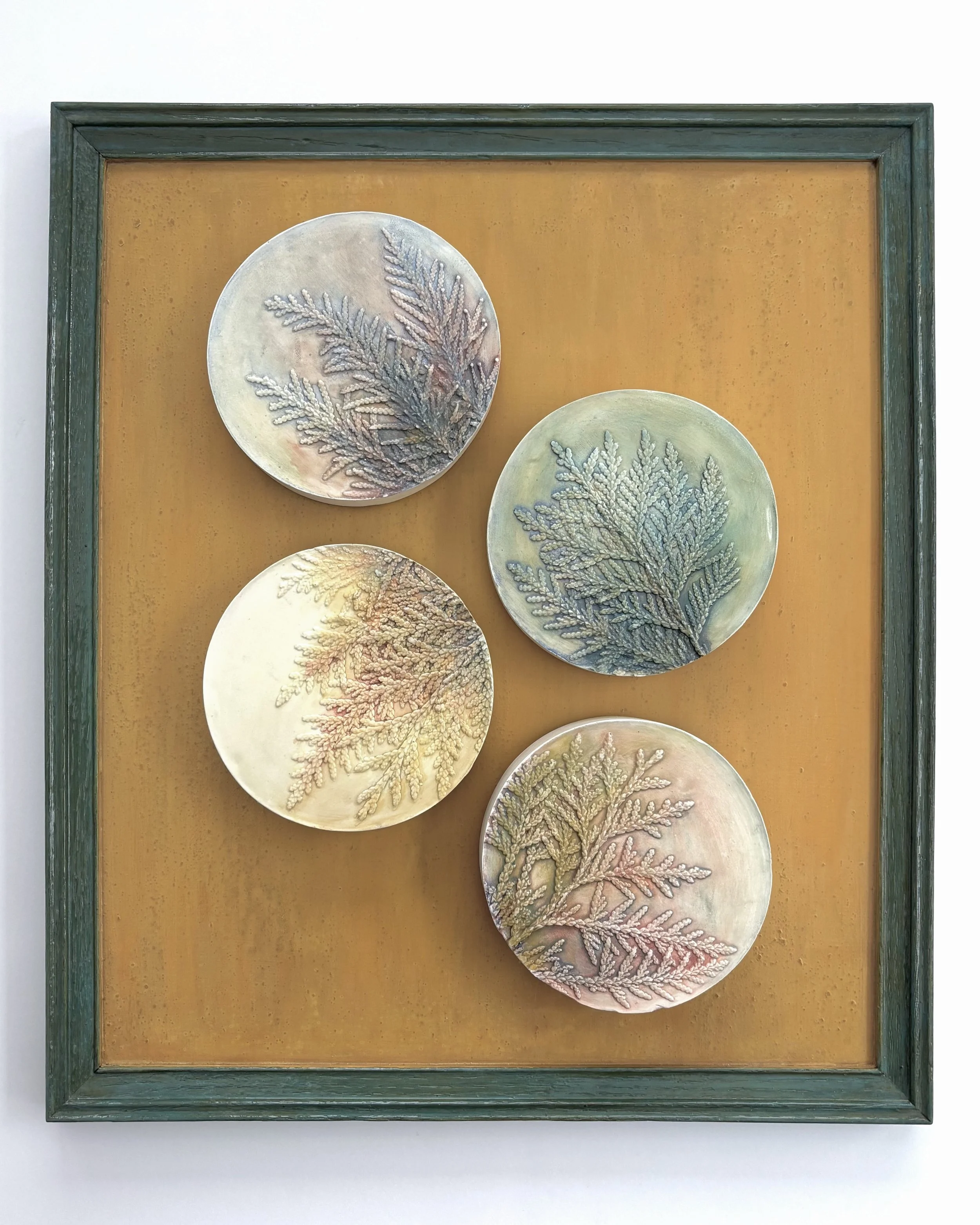  Four Seasons, plaster, milk-paint, natural plant pigment (walnut) on wood frame, 15.1in x 12.9in x 0.6in (ready to hang with picture-wire on back)    The vibrant colours representing the four seasons — winter, spring, summer, and autumn — are depict