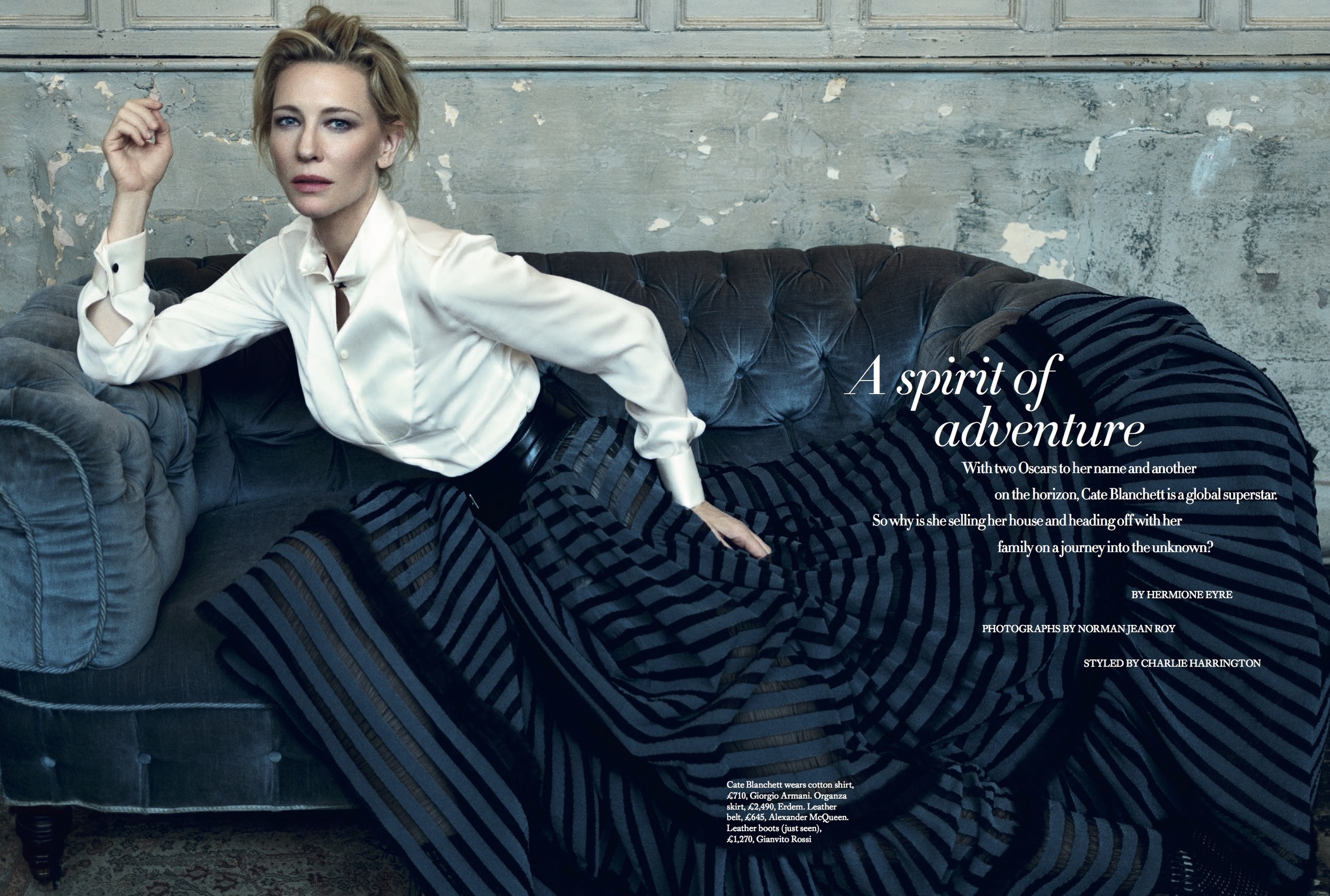 Cate Blanchett Cover Story for Harper's Bazaar, styled by Charlie Harrington. Spread 1. 