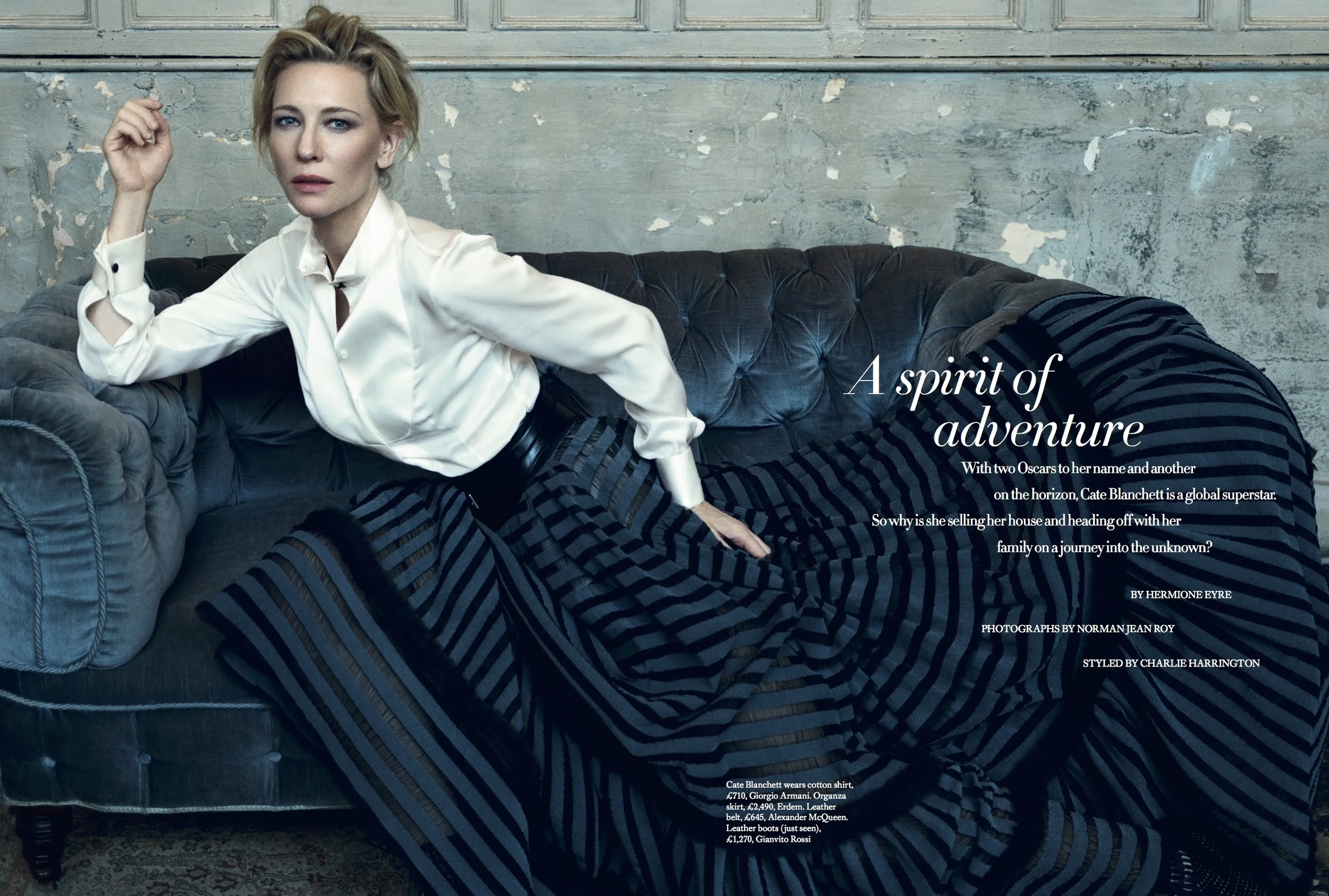 Cate Blanchett Cover Story for Harper's Bazaar, styled by Charlie Harrington. Spread 1.
