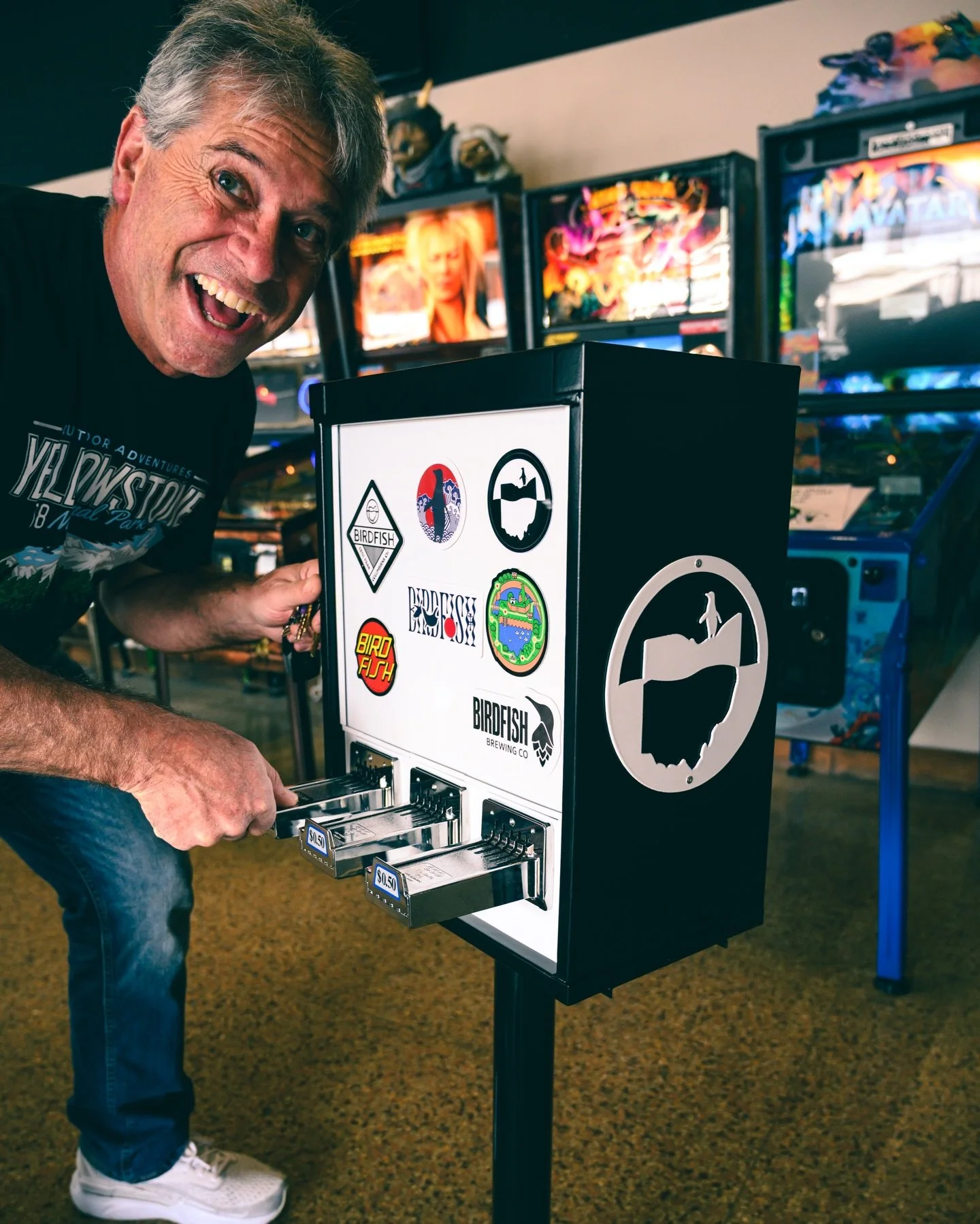 @pirateslifepinball hooked us up again 🏴&zwj;☠️
Fresh new sticker machine &mdash; custom powder coated and branded up by @streetsteel 

And yeah&hellip; we leveled up the stickers too.

We&rsquo;ll always have FREE stickers at the bar.
But these bad