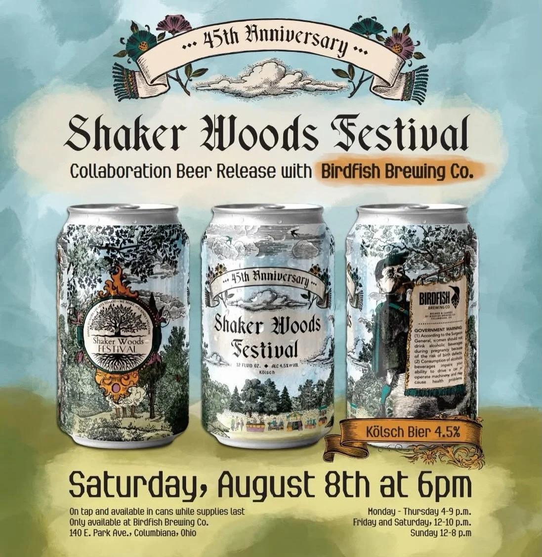 🌲 @shakerwoods &times; @birdfishbrew Collaboration Beer Release 🌲

Join us as we celebrate the 45th Anniversary of the Shaker Woods Festival with the official release of our collaboration beer!

We&rsquo;re tapping this special 4.5% K&ouml;lsch and