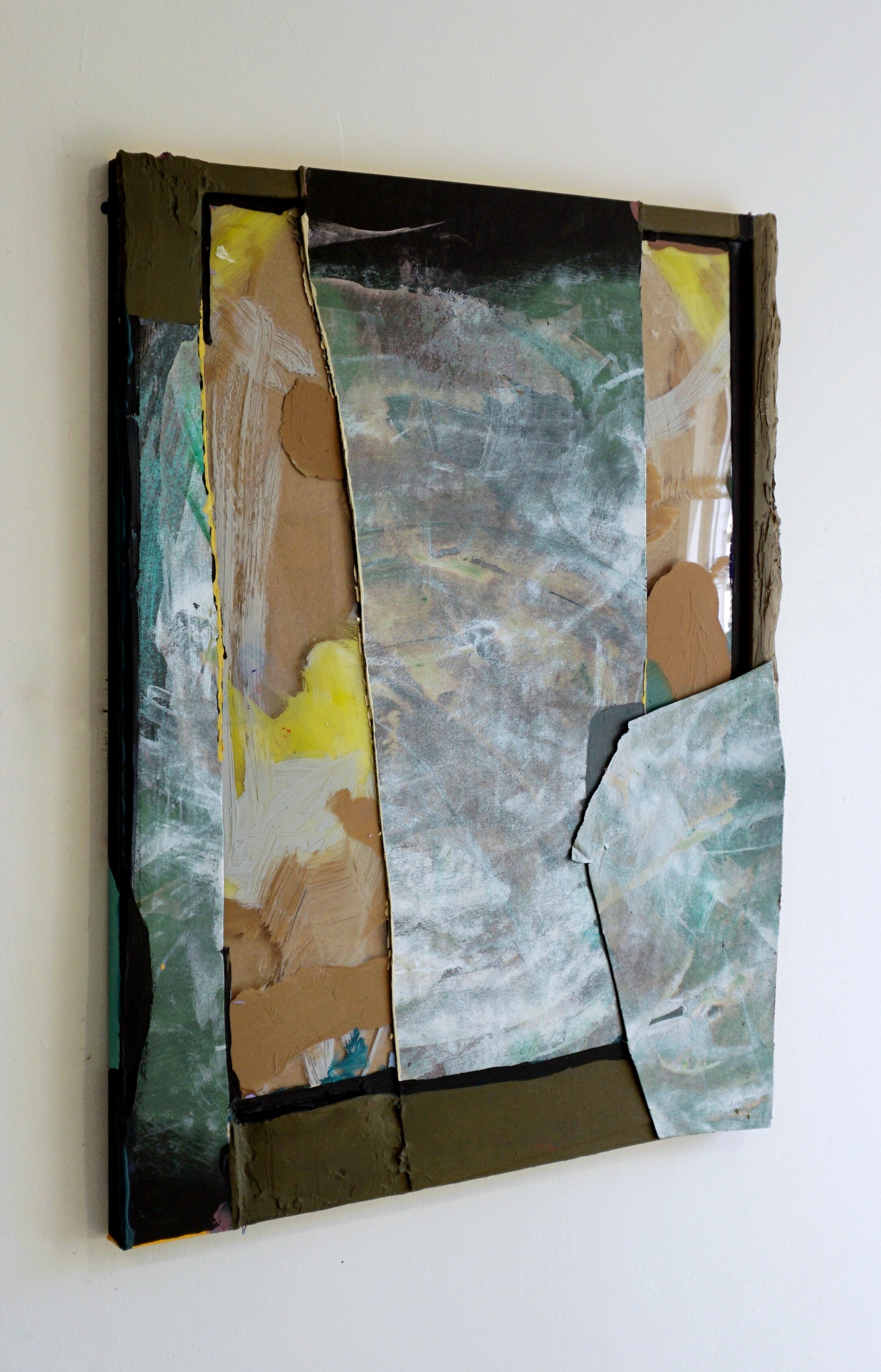 Detergent, 29 x 21.5 inches, flashe, acrylic ink, acrylic gouache, light molding paste and matboard on matboard, glass and frame, 2019