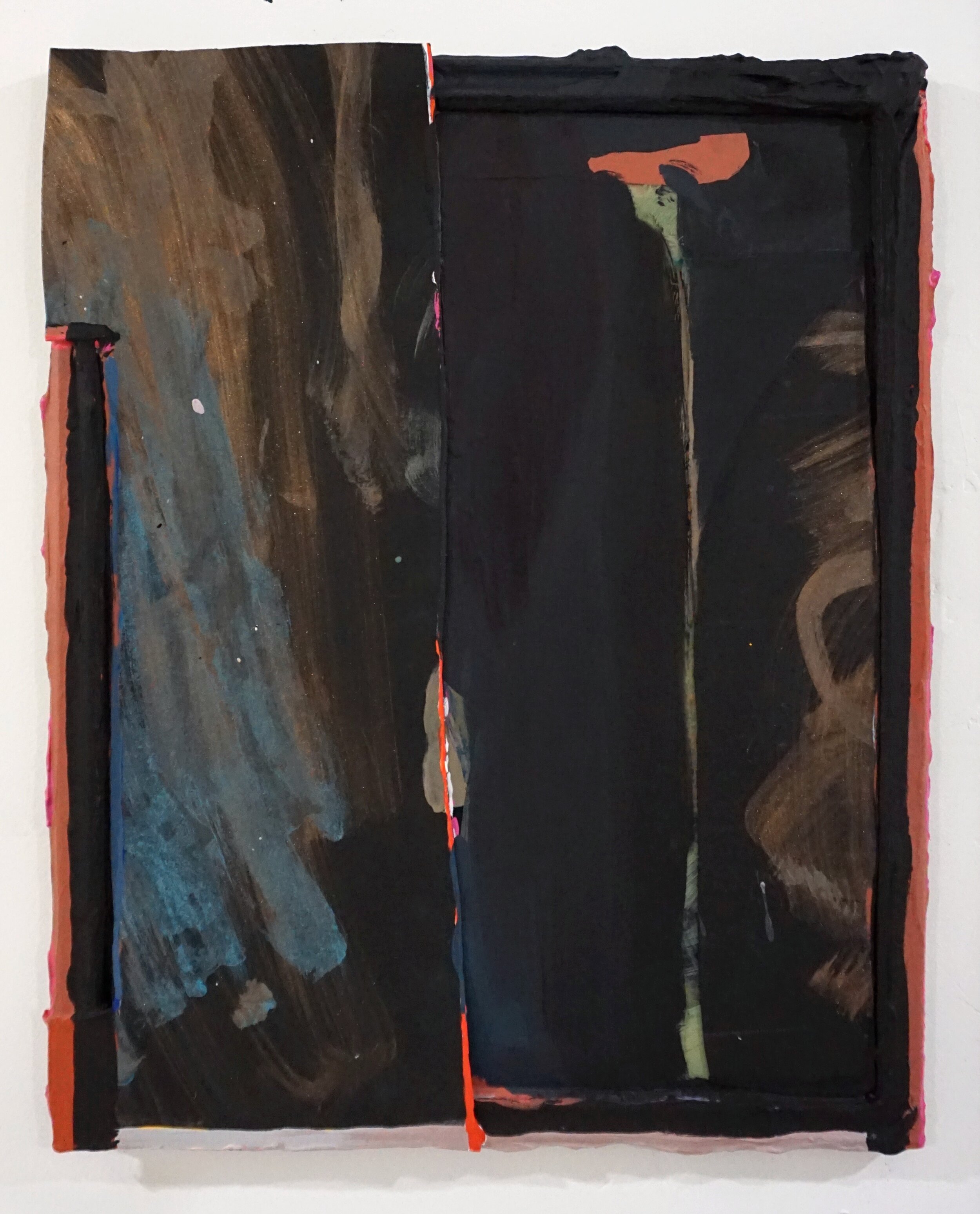 Cornerstone, 27.5 x 22 inches, flashe, acrylic ink, acrylic gouache, light molding paste and matboard on matboard, glass and frame