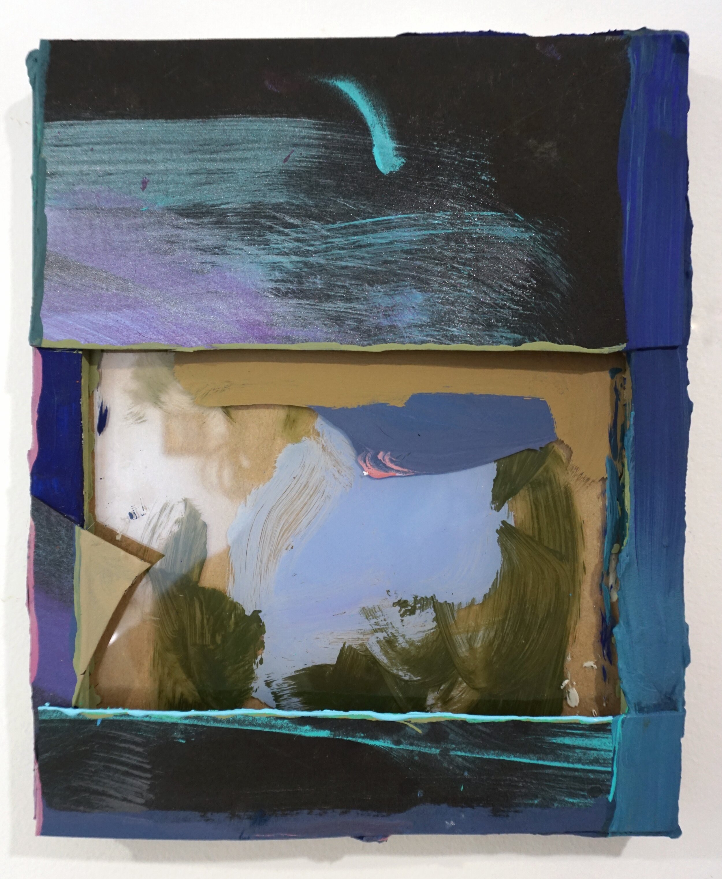 Test Pit, 11 x 9 inches, flashe, acrylic ink, acrylic gouache, light molding paste, matboard, glass, and frame, 2019