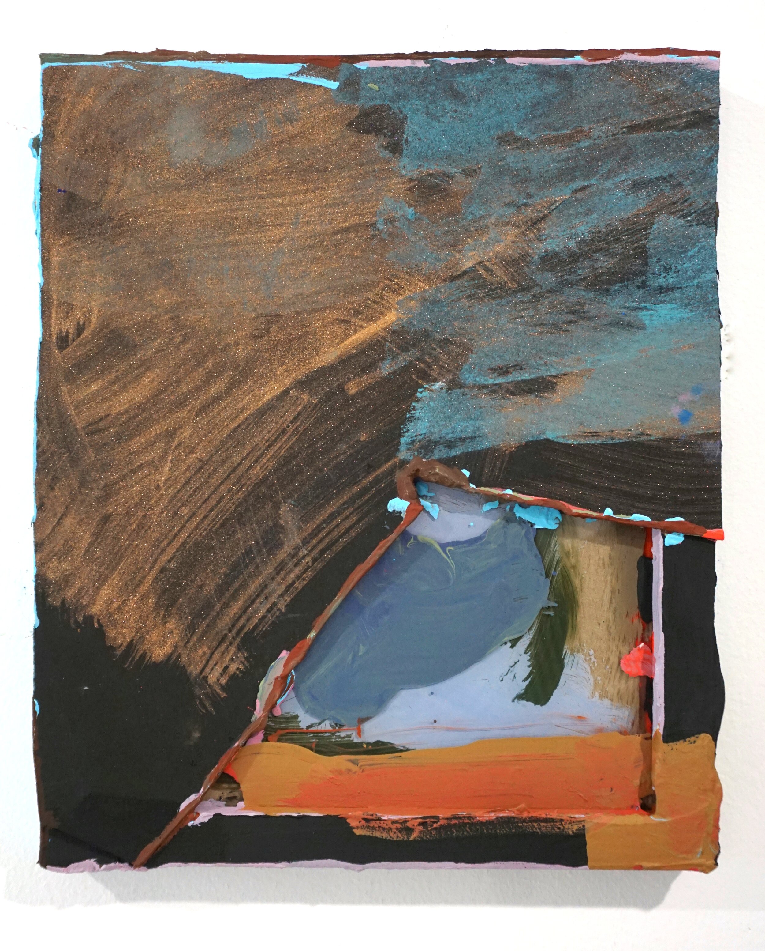 Headwaters, 11 x 9 inches, flashe, acrylic ink, acrylic gouache, light molding paste, matboard, glass, and frame, 2019