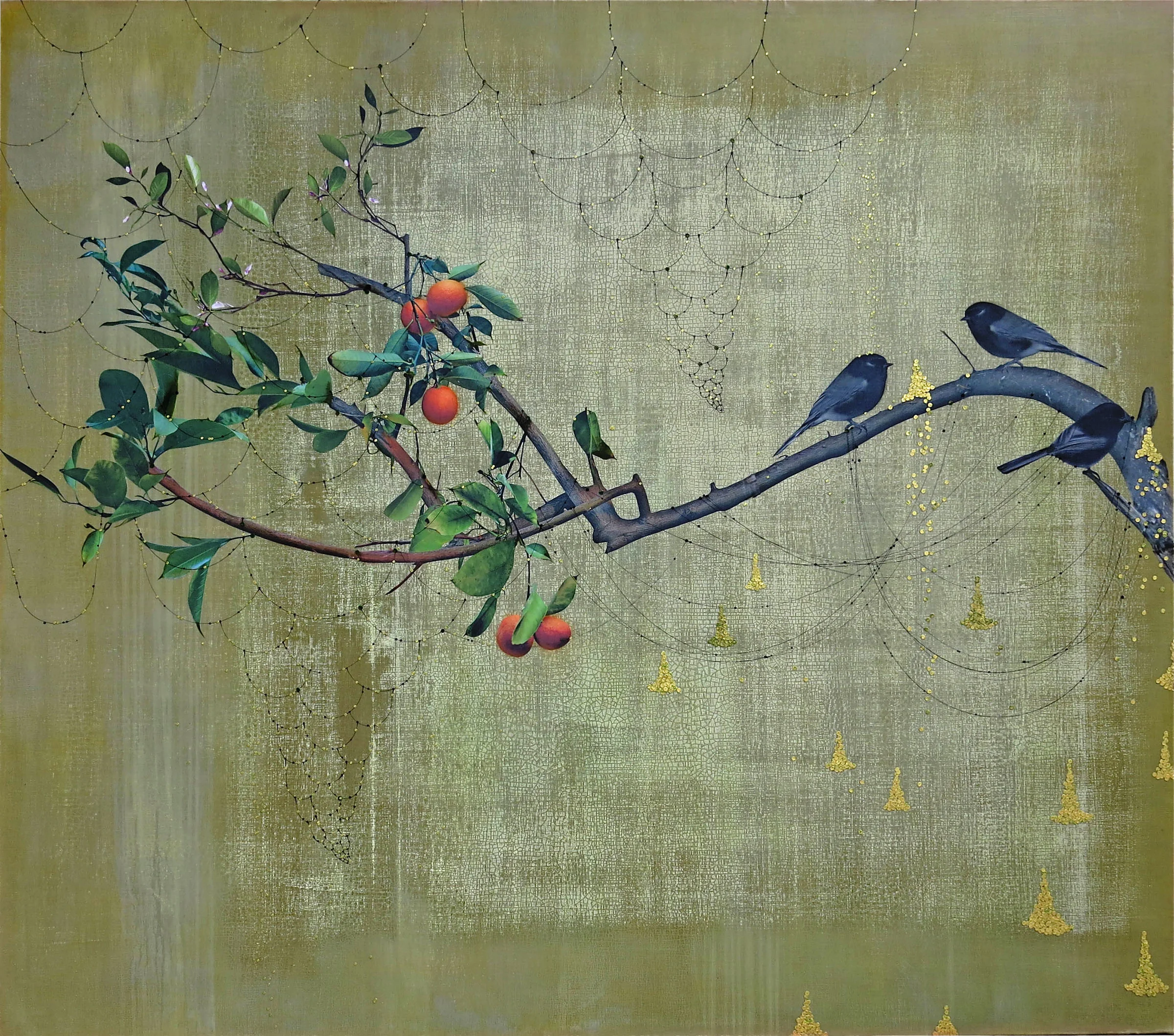 Orange tree & 3 black birds