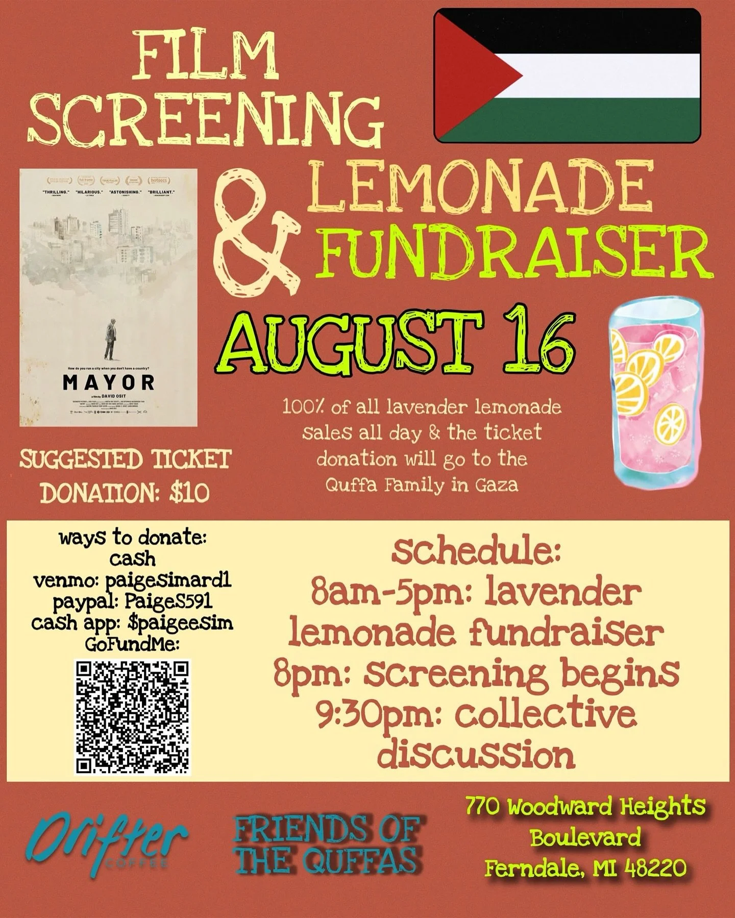 Happening this weekend! Lemonade fundraiser will go all day Saturday, screening party is after hours outside, no bar. We have chairs outside but feel free to bring your own! Hope to see y&rsquo;all 🍋💓💓