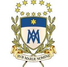 A coat of arms featuring a shield with a blue top and a gold star, surrounded by a wreath of olive branches and gold ribbons with the Latin motto "SVB MARIA NOMINE."