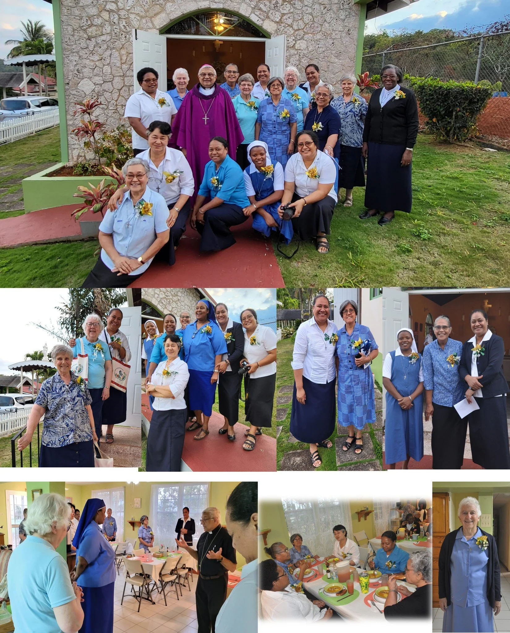 A group of women, some in nurse uniforms, and clergy members, gathered outside in front of a stone building for a celebration. Other photos show women inside a dining area having a meal and socializing, with some dressed in religious attire and casua