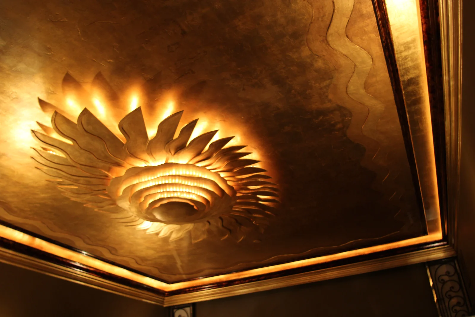 10' x 6' deco-inspired rope lighted ceiling feature with gold leaf and rubbed