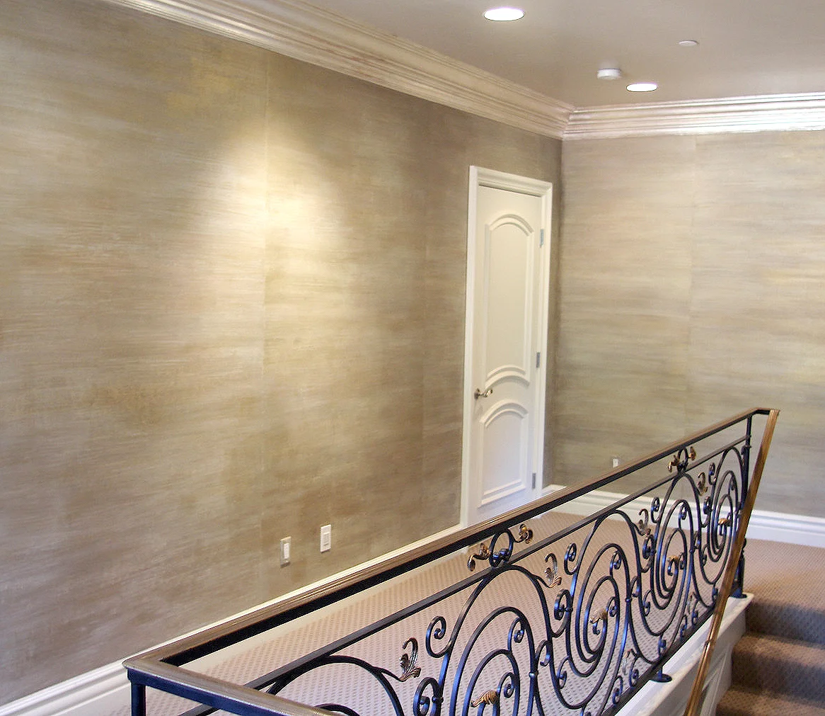 Faux linen grass cloth wall finish mult-layered finish with taupes and grays with gold and silver painted threads
