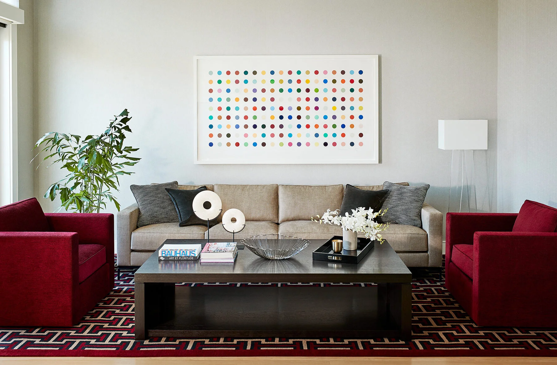 Living room interiors with bright decor, elegant furnishings, and thoughtful artwork designed by San Francisco's ballonSTUDIO