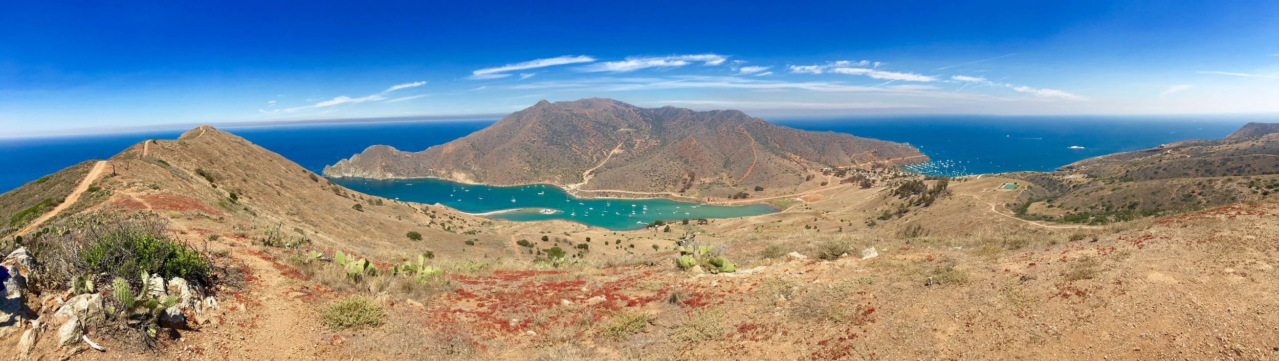 Pano of the 2 Harbors. Cat Harbor on the left and Isthmus Cove on the right.