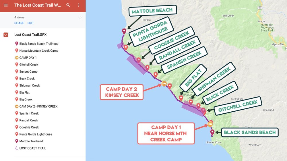 Key points along the Lost Coast Trail map