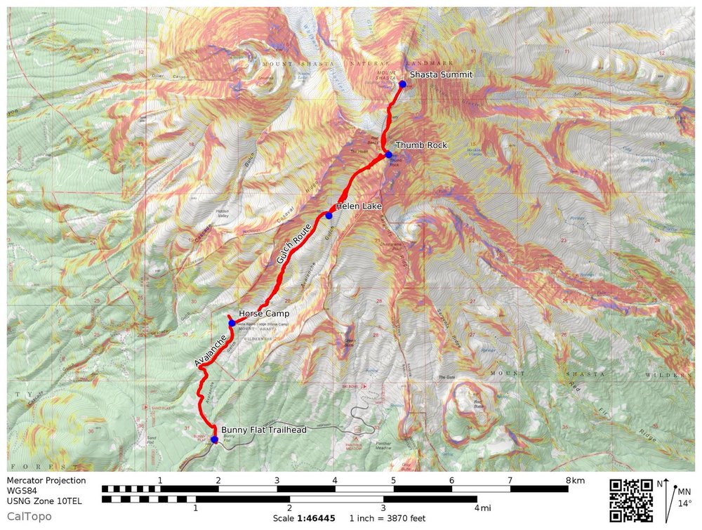 CalTOPO Map of the Avalanche Gulch Trail and key waypoints.