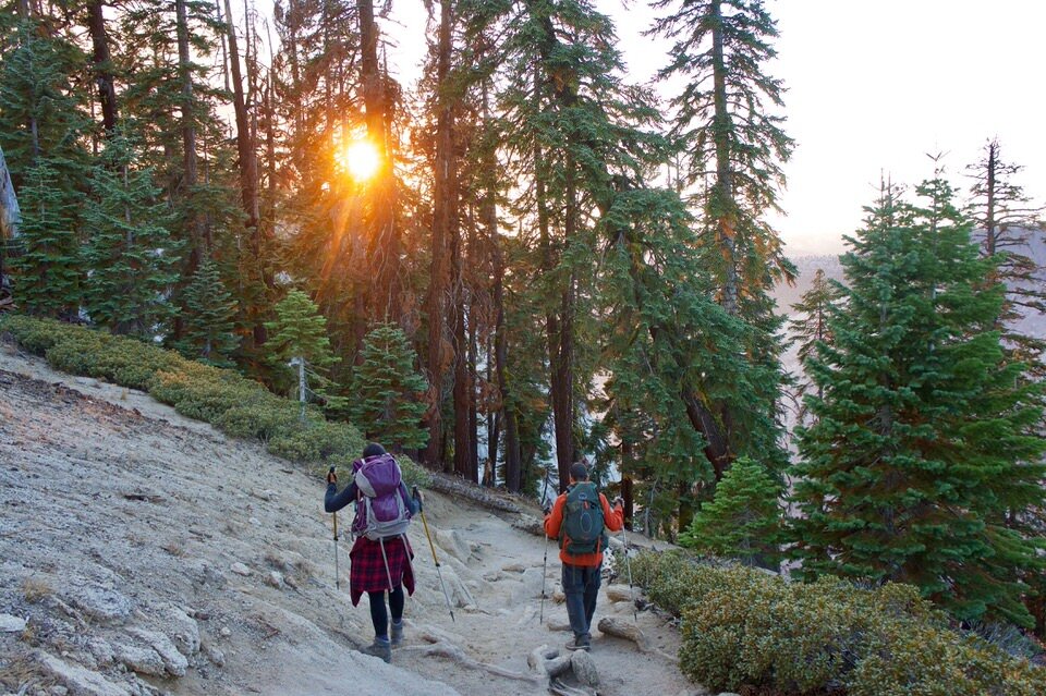 Hiking down from the Half dome summit at sunset.