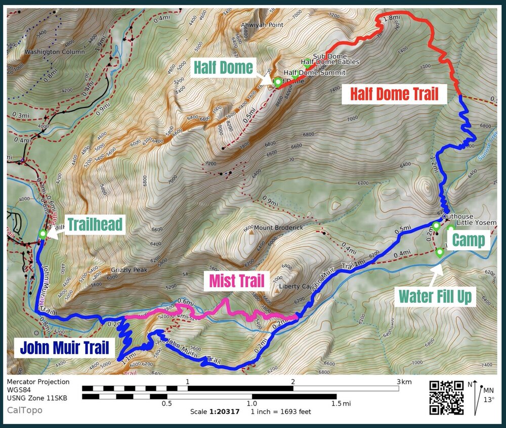 This half dome trail map shows you the different sections connecting to half dome.