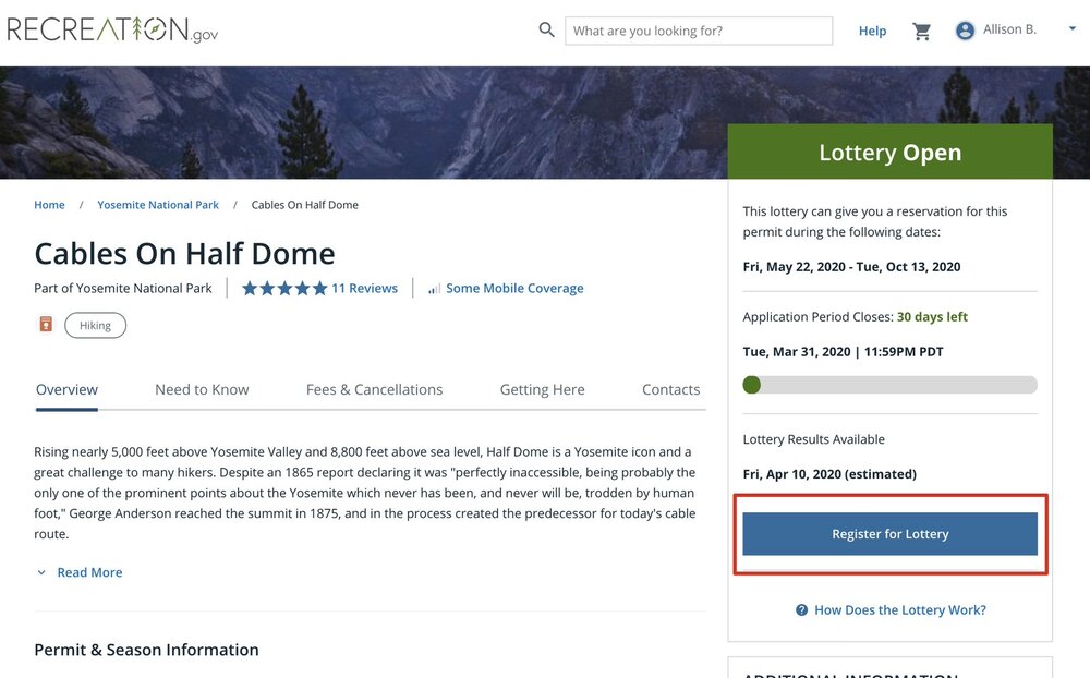 When getting your half dome hiking permit, fiirst you must click register for lottery.