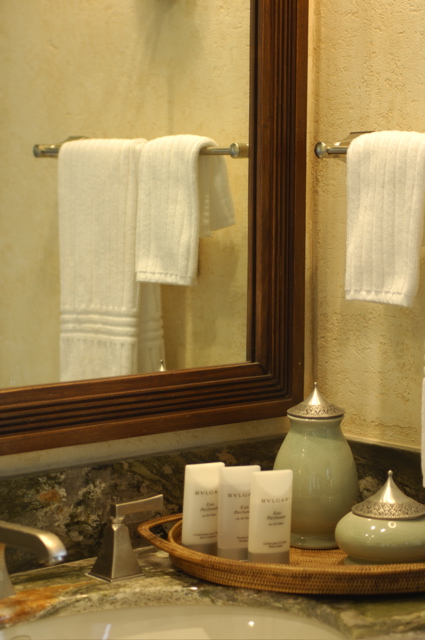  Celadon and pewter ceramics from the Oriental Hotel in Thailand. Bvlgari amenities. Frette Linens. 