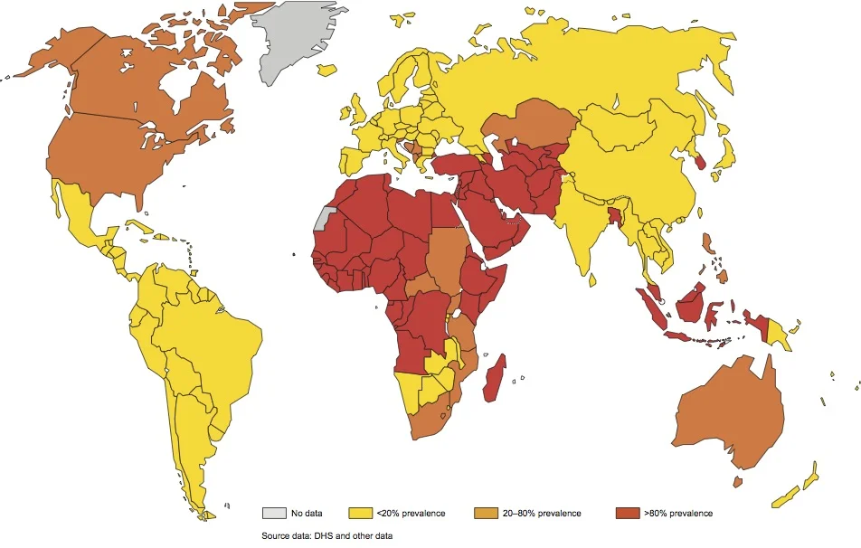 Global prevalence of male circumcision. From Male circumcision: global trends and determinants of prevalence, safety and acceptability . World Health Organizations and the Joint United Nations Program on HIV/AIDS, 2007. 