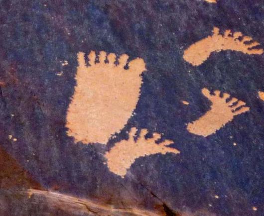 Polydactylous feet from Newspaper Rock in Indian Creek State Park, Utah. These carvings in rock are called petroglyphs, and were made by native Americans as long as 1,500 years ago .