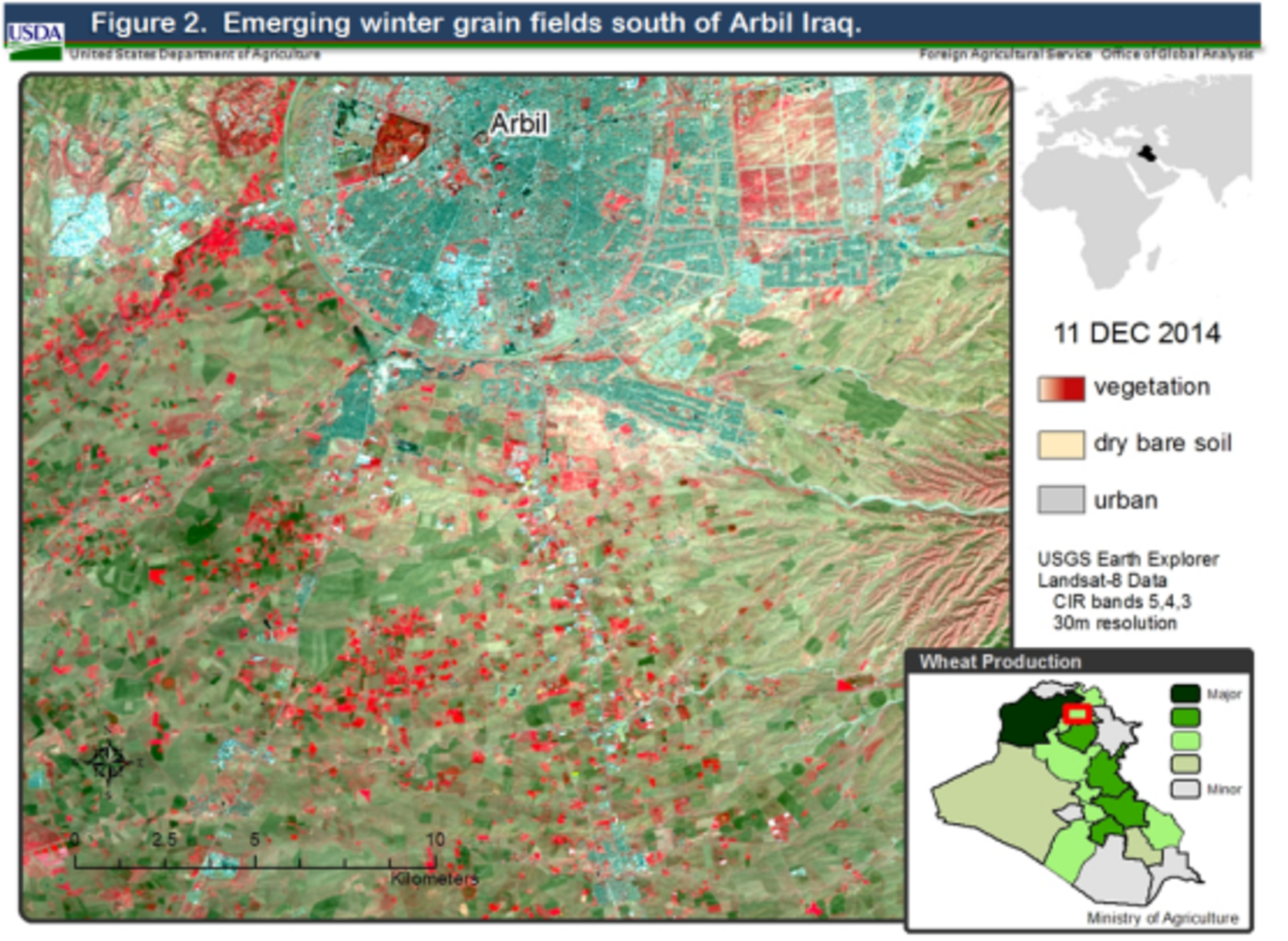 Satellite imagery from December 2014 indicated fields of winter grain starting to emerge near Arbil in northern Iraq