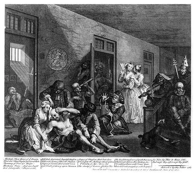 In The Madhouse — Plate 8. From A Rake's Progress , William Hogarth, 1734.