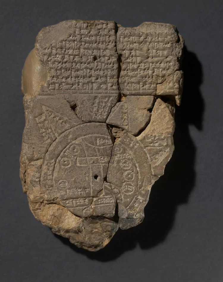 Earliest map of the world, from 6th century BCE. It shows the world as a disc, surrounded by a ring of water called the "Bitter River.”. From the Collection of the British Museum #92687 .