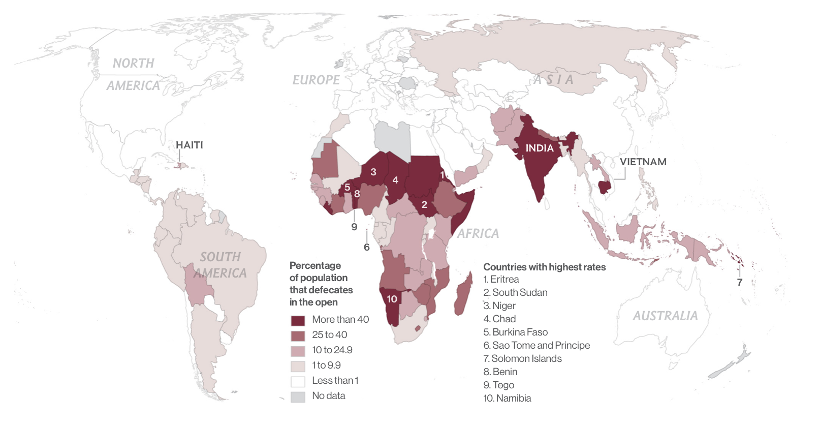 The percentage of people defecating in the open air declined worldwide from 1990 to 2015, with the most dramatic reductions in some of the least developed countries. Yet nearly 950 million people still practice this public health hazard. From National Geographic Magazine , August 2017.