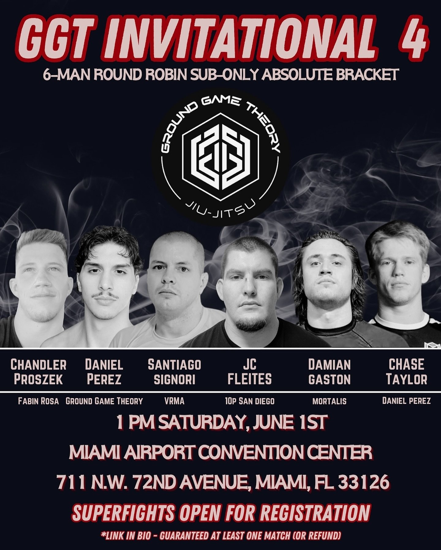 Can&rsquo;t get enough #JiuJitsu?
Join us on June 1st at 1 PM at the Miami International Fitness Expo&nbsp;for @groundgametheory 4th submission only invitational 🏆

Featuring a 6-man round robin absolute bracket where each athlete battles it out for