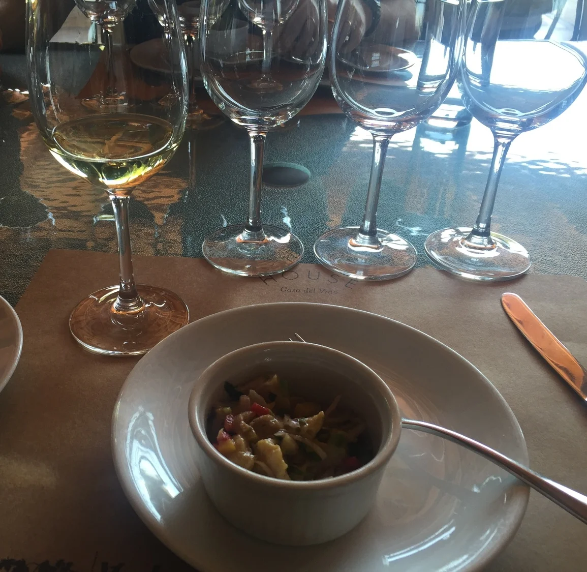 The first course was a ceviche, paired with a delectable white. Check out those glasses all lined up, all for me, all for more wine!