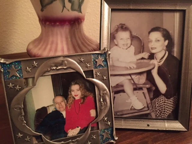Top right: my mother in the highchair and her mother in pearls. Bottom left: Papaw and me, emulating Memaw with my red lipstick.