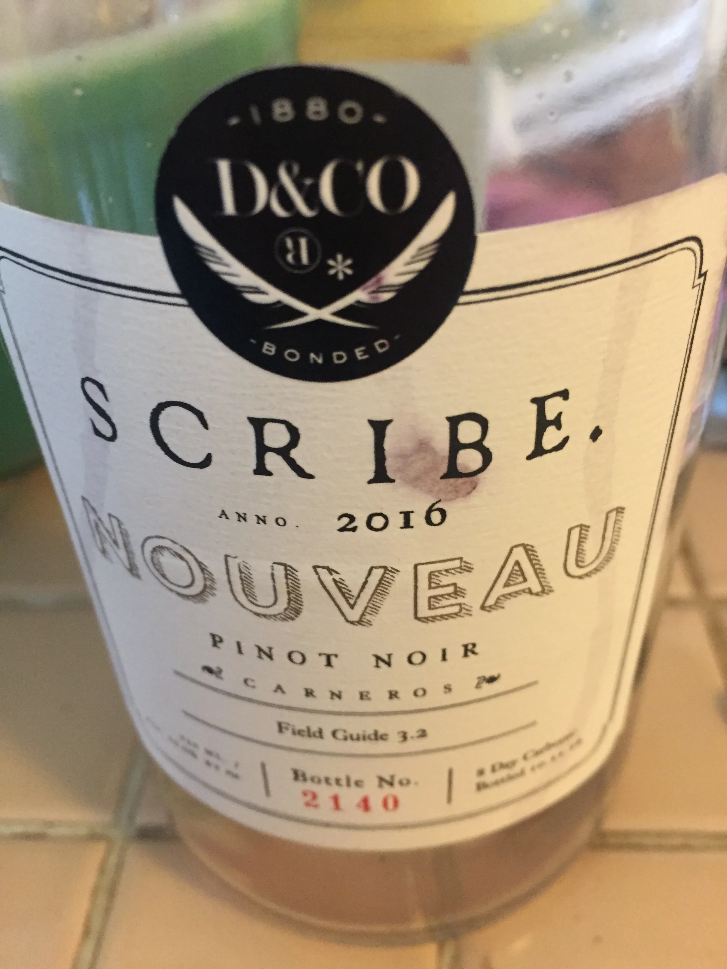 The bottle my pal shared with me. 2016 Scribe Nouveau Pinot Noir from Carneros, Sonoma County, California. All gone. 