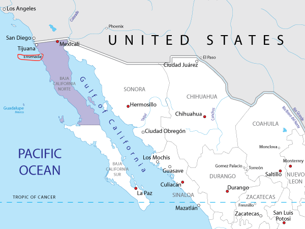 Baja is the long skinny peninsula part of Mexico. Esenada is circled and Valle de Guadalupe is 20 minutes east from there.