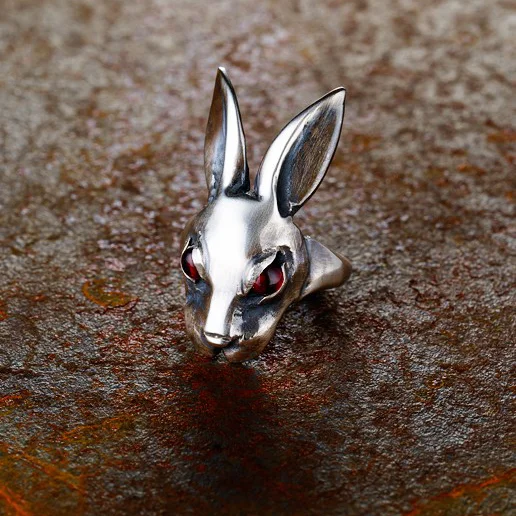 Evil Bunny Ring with Cabochon Garnet Eyes in Oxidized Sterling Silver