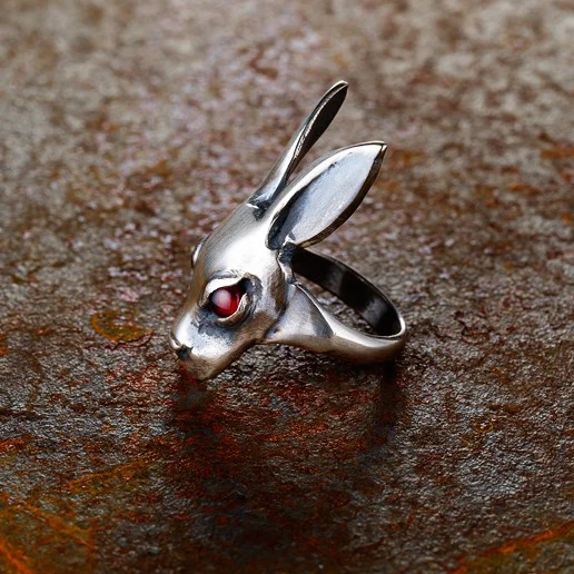 Evil Bunny Ring with Cabochon Garnet Eyes in Oxidized Sterling Silver