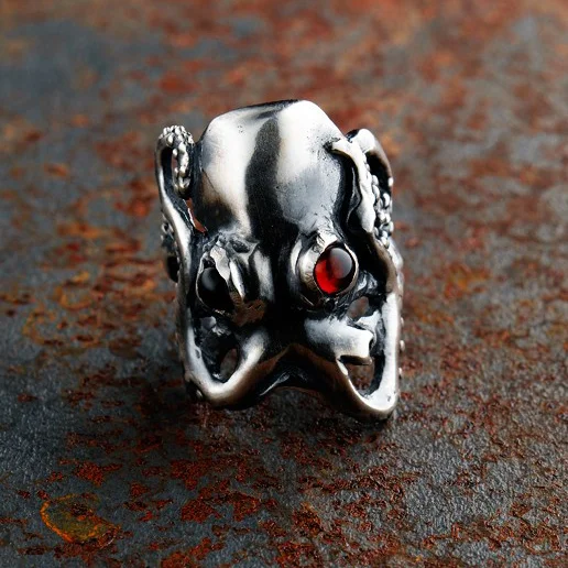 Evil Octopus Ring with Cabochon Red Garnet Eyes in Oxidized Sterling Silver by Beloved Little Lamb
