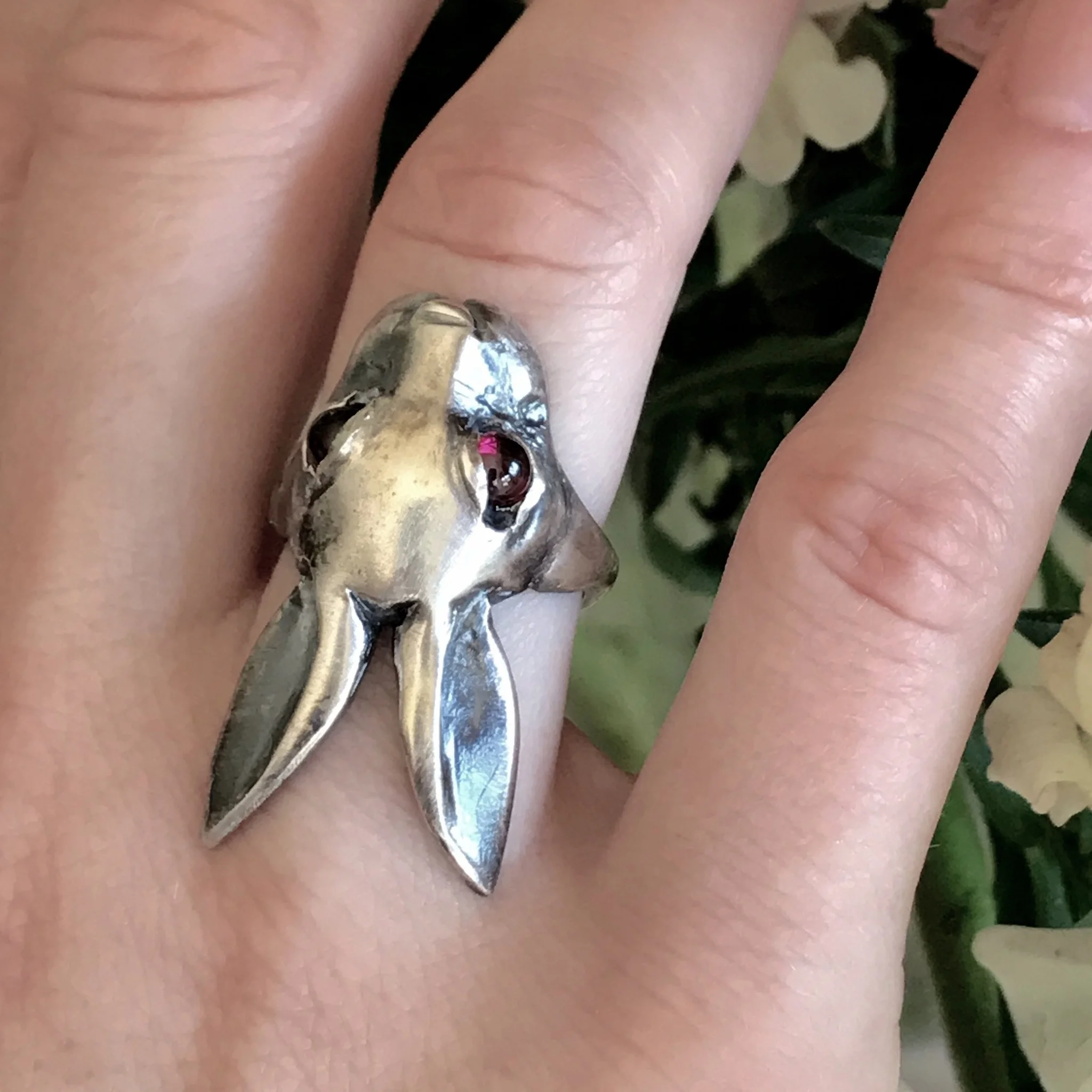 Evil Bunny Ring with Cabochon Garnet Eyes in Oxidized Sterling Silver