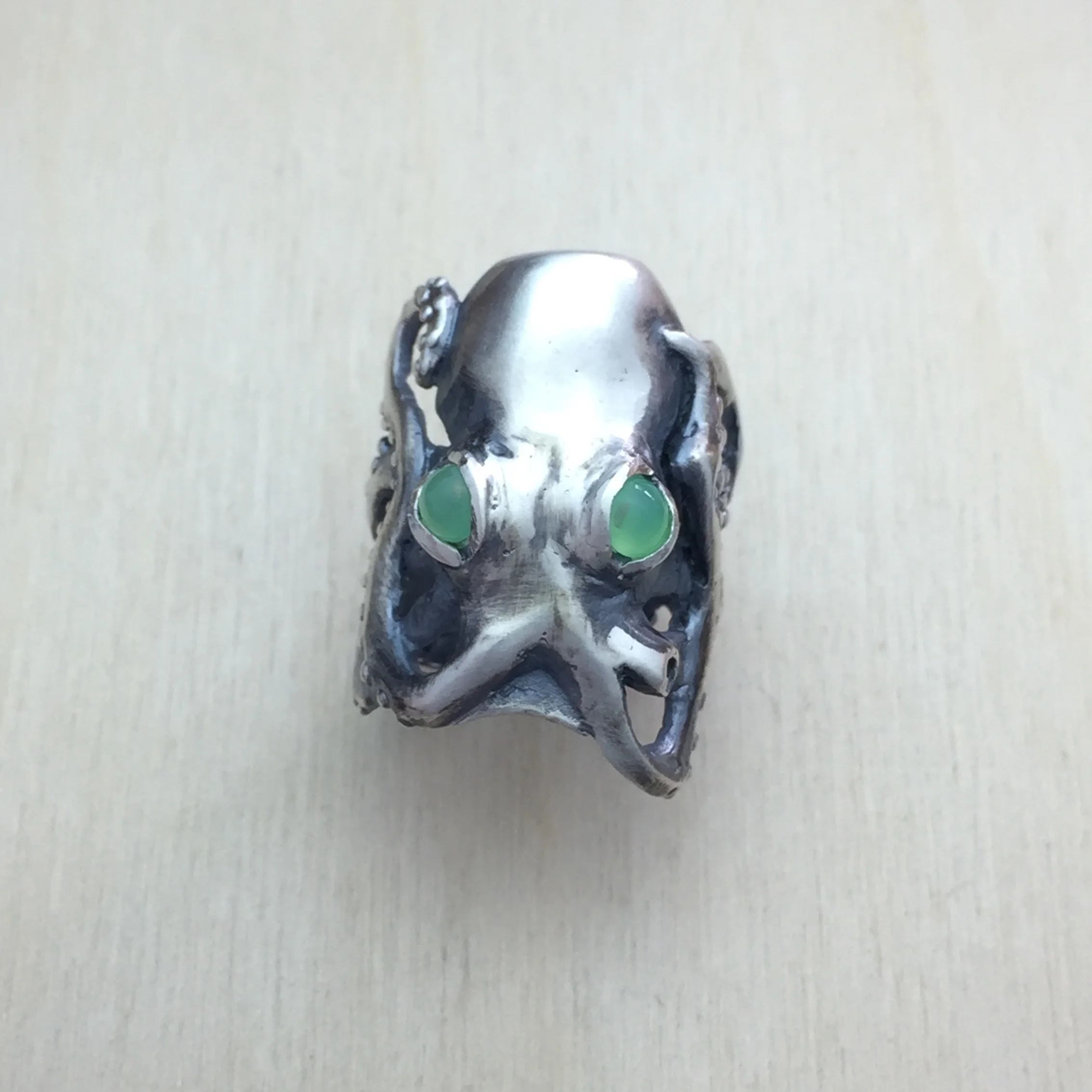 Octopus Ring with Green Chrysoprase Eyes in Oxidized Sterling Silver