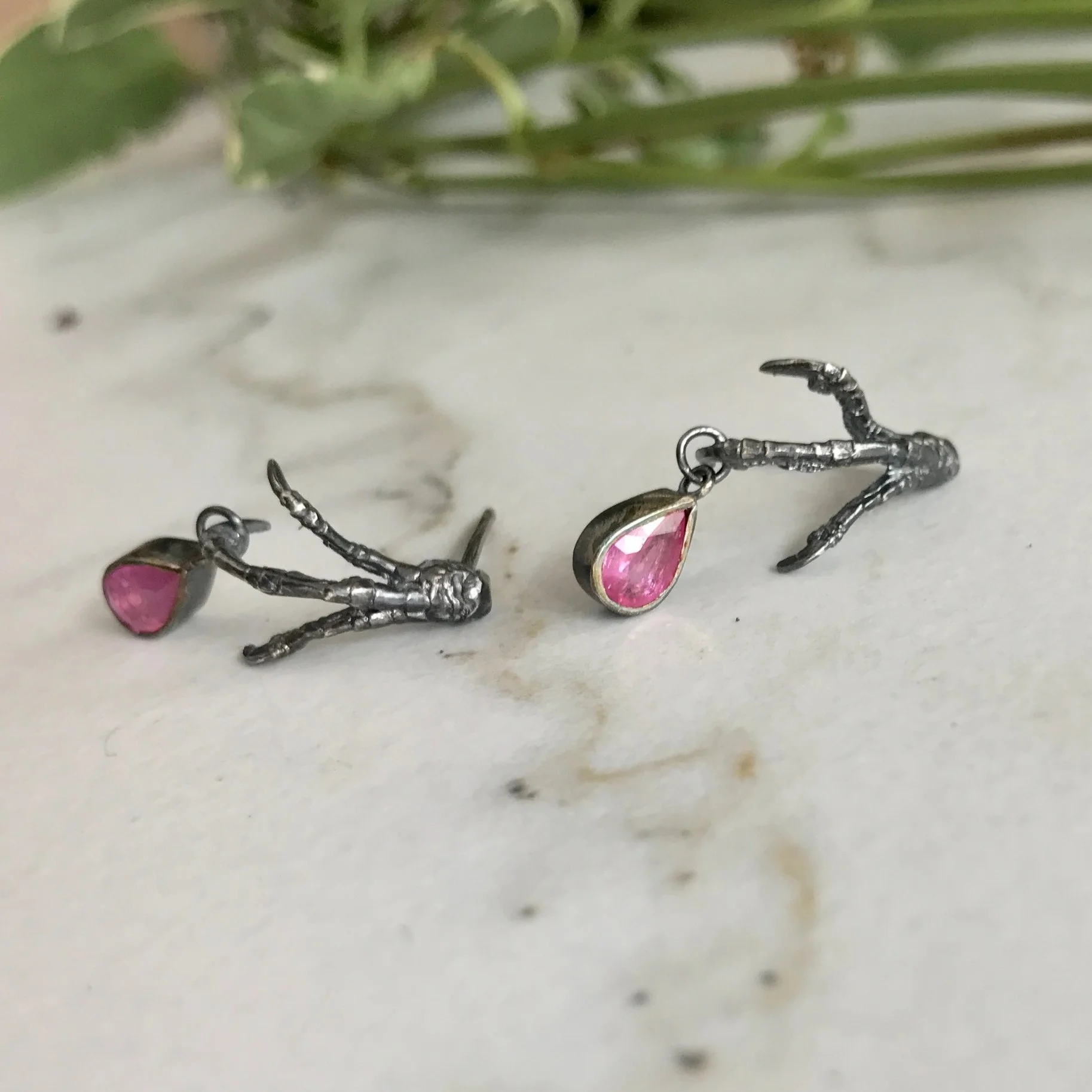 Little Sparrow Bird Foot Earrings with Bezel Set Pink Ruby Teardrops in Oxidized Sterling Silver