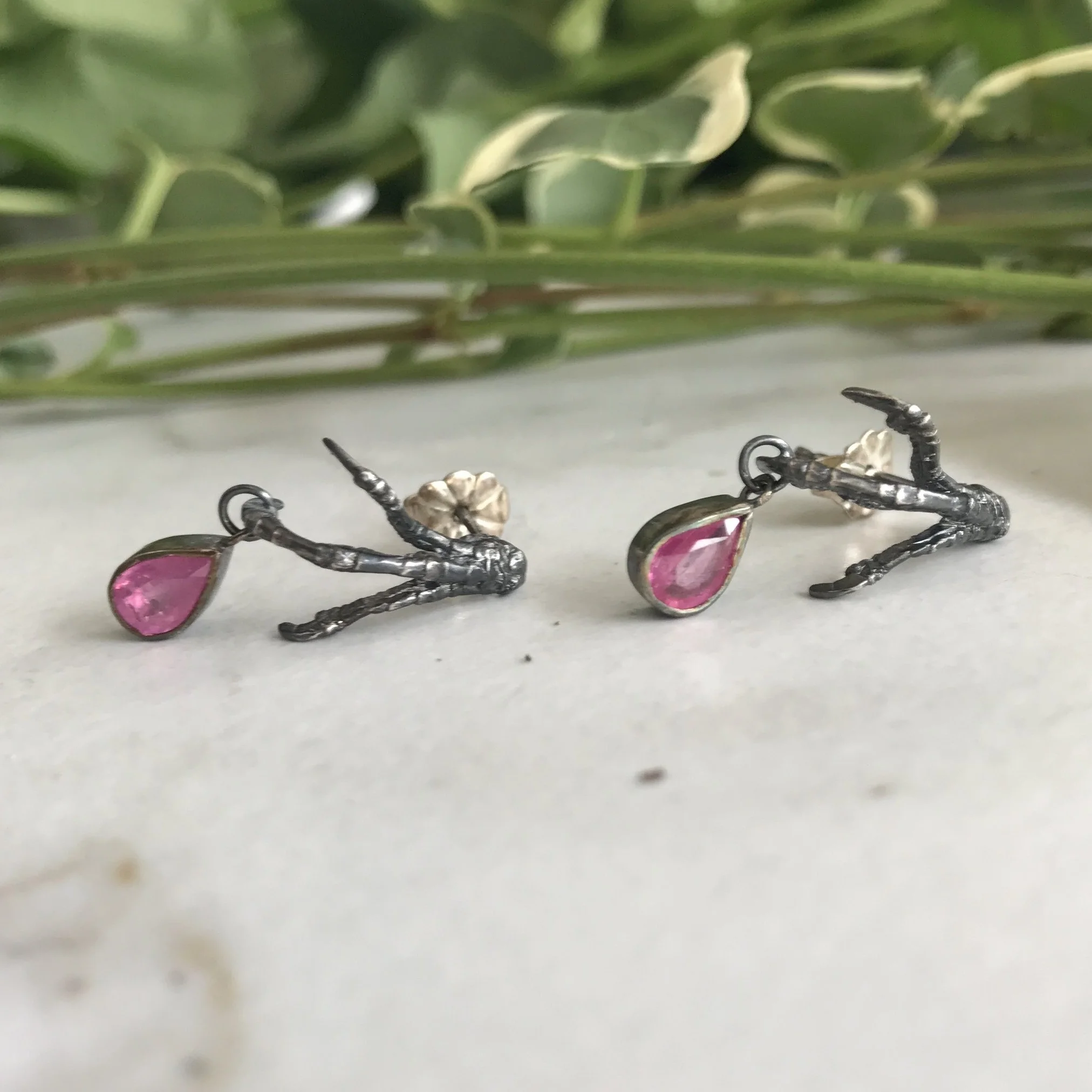 Little Sparrow Bird Foot Earrings with Bezel Set Pink Ruby Teardrops in Oxidized Sterling Silver