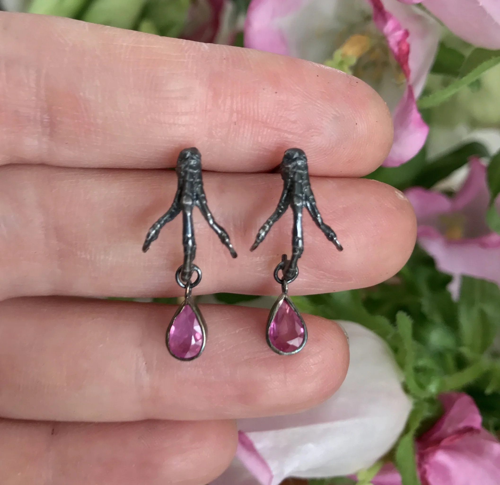 Little Sparrow Bird Foot Earrings with Bezel Set Pink Ruby Teardrops in Oxidized Sterling Silver