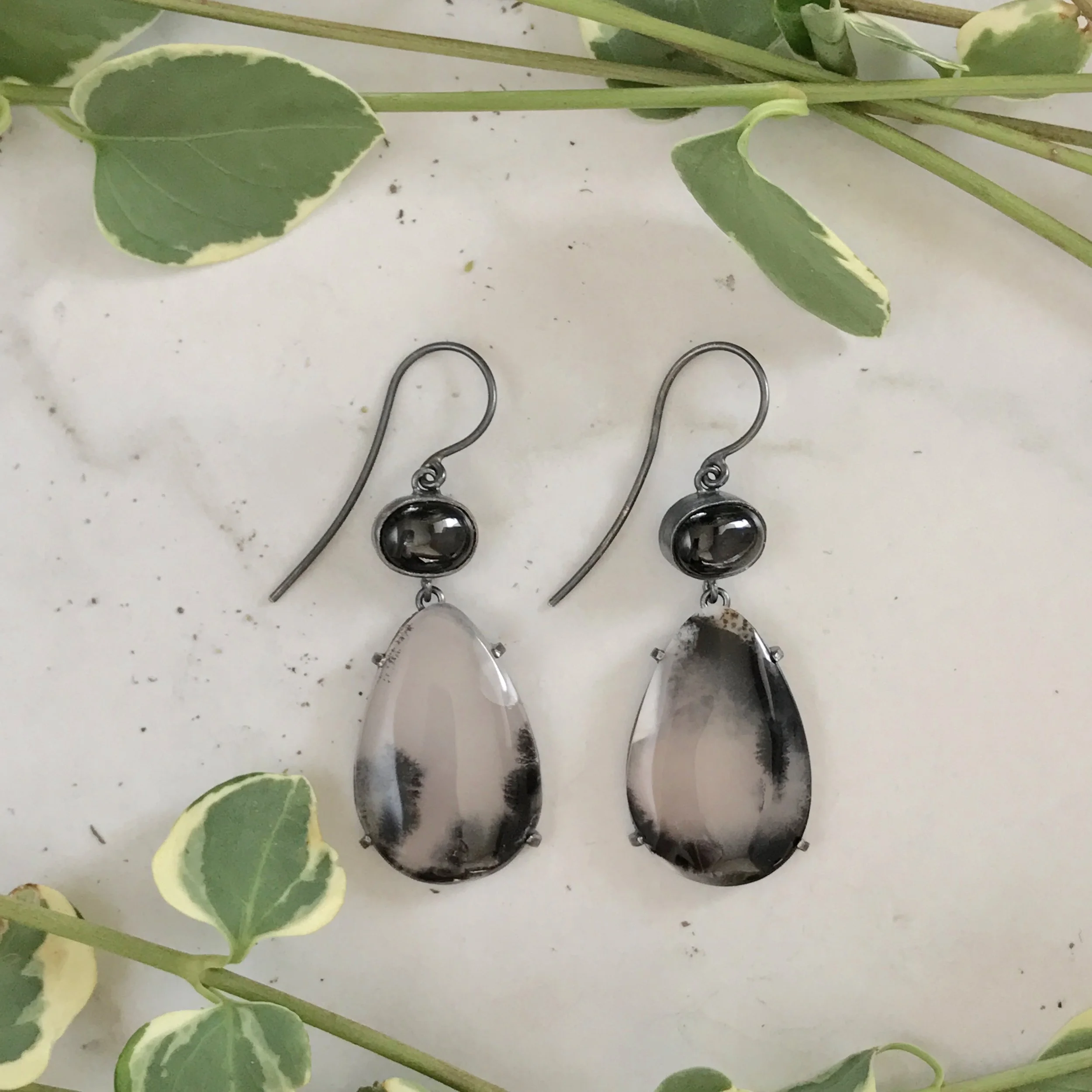 Over the Black Trees, Black Stars Dendritic Agate and Black Star Diopside Earrings
