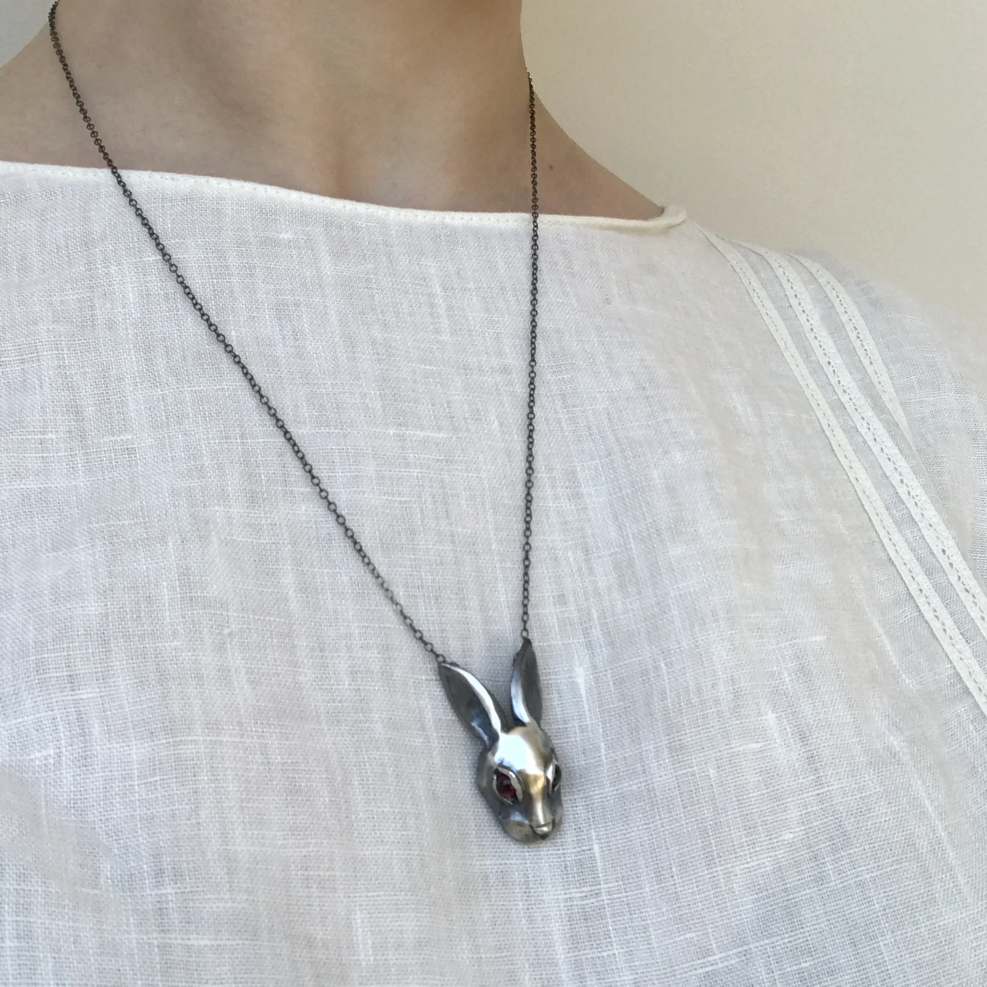 Evil Bunny Necklace with Red Garnet Cabochon Eyes in Oxidized Sterling Silver by Beloved Little Lamb