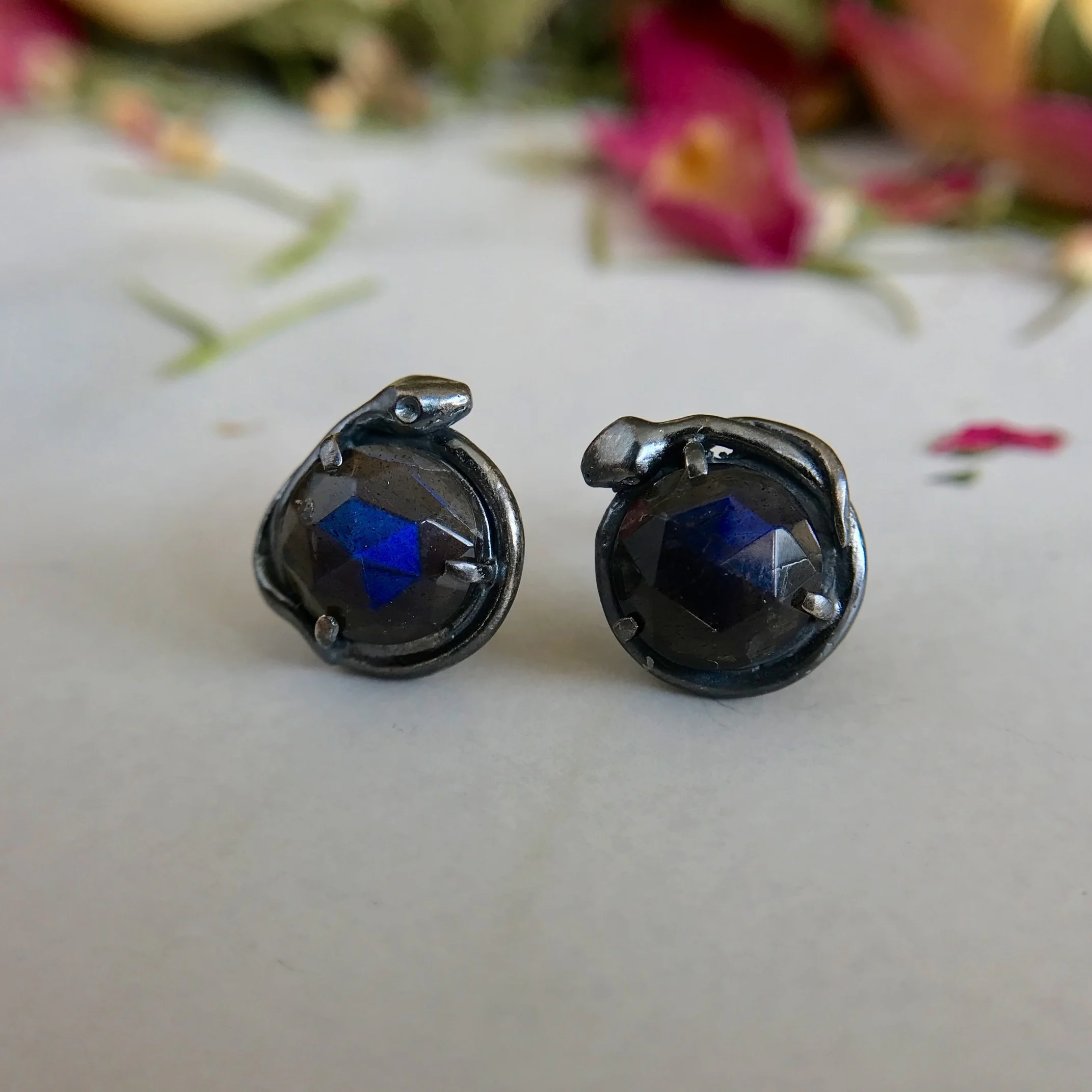 Snake Post Earring with Rose Cut Spectrolite in Oxidized Sterling Silver by Beloved Little Lamb