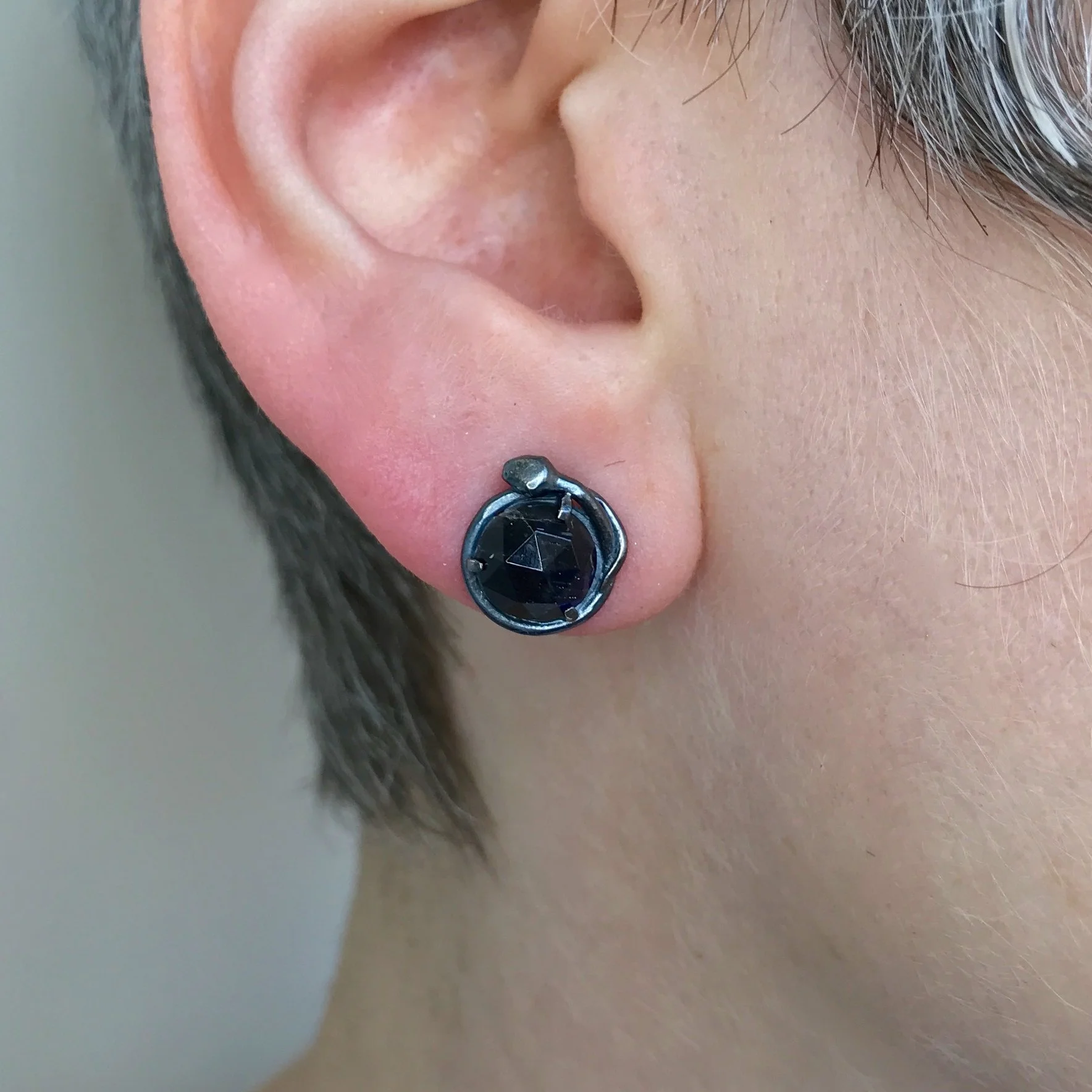 Snake Post Earring with Rose Cut Spectrolite in Oxidized Sterling Silver by Beloved Little Lamb