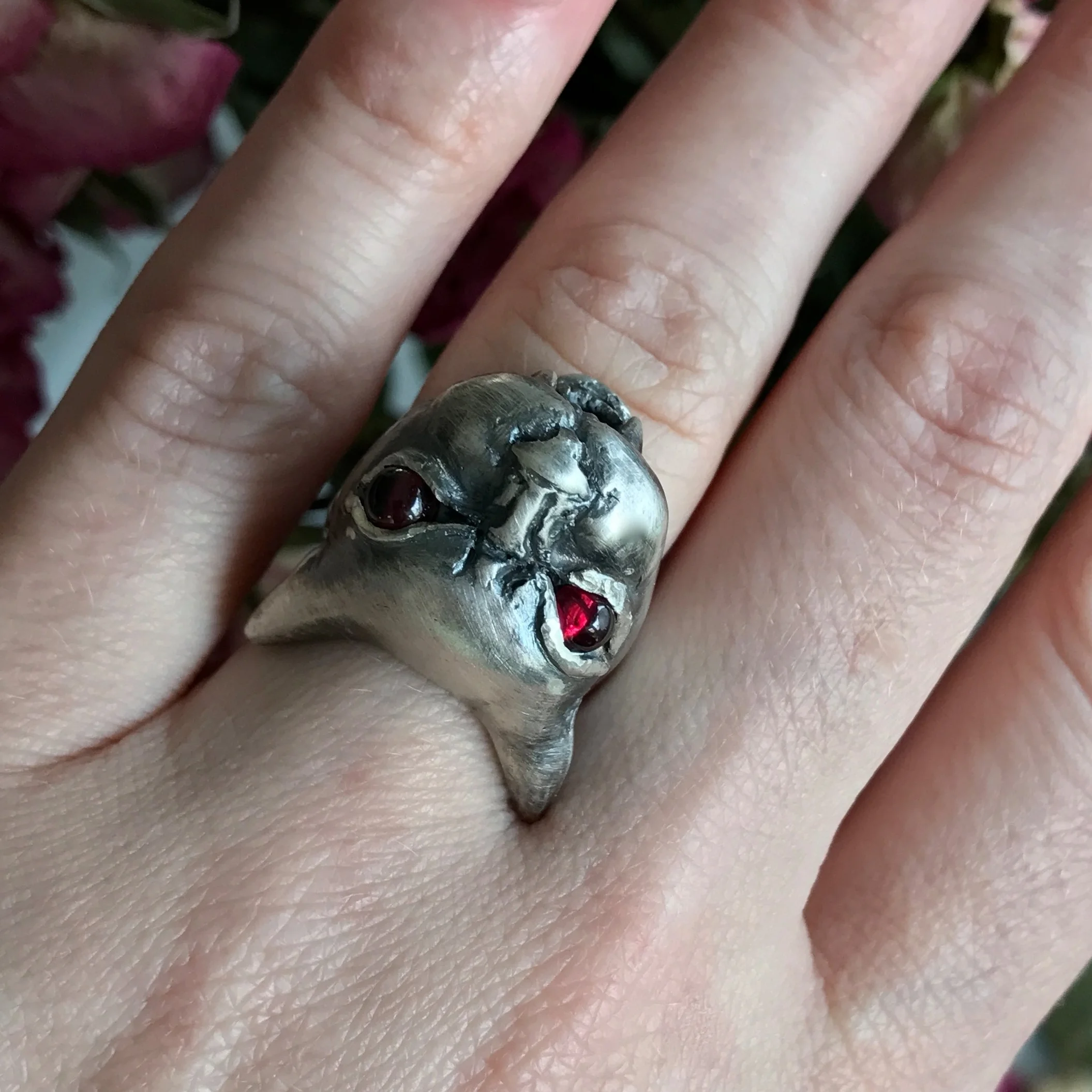 Hissing Angry Cat Ring in Sterling Silver with Red Garnet Eyes by Beloved Little Lamb