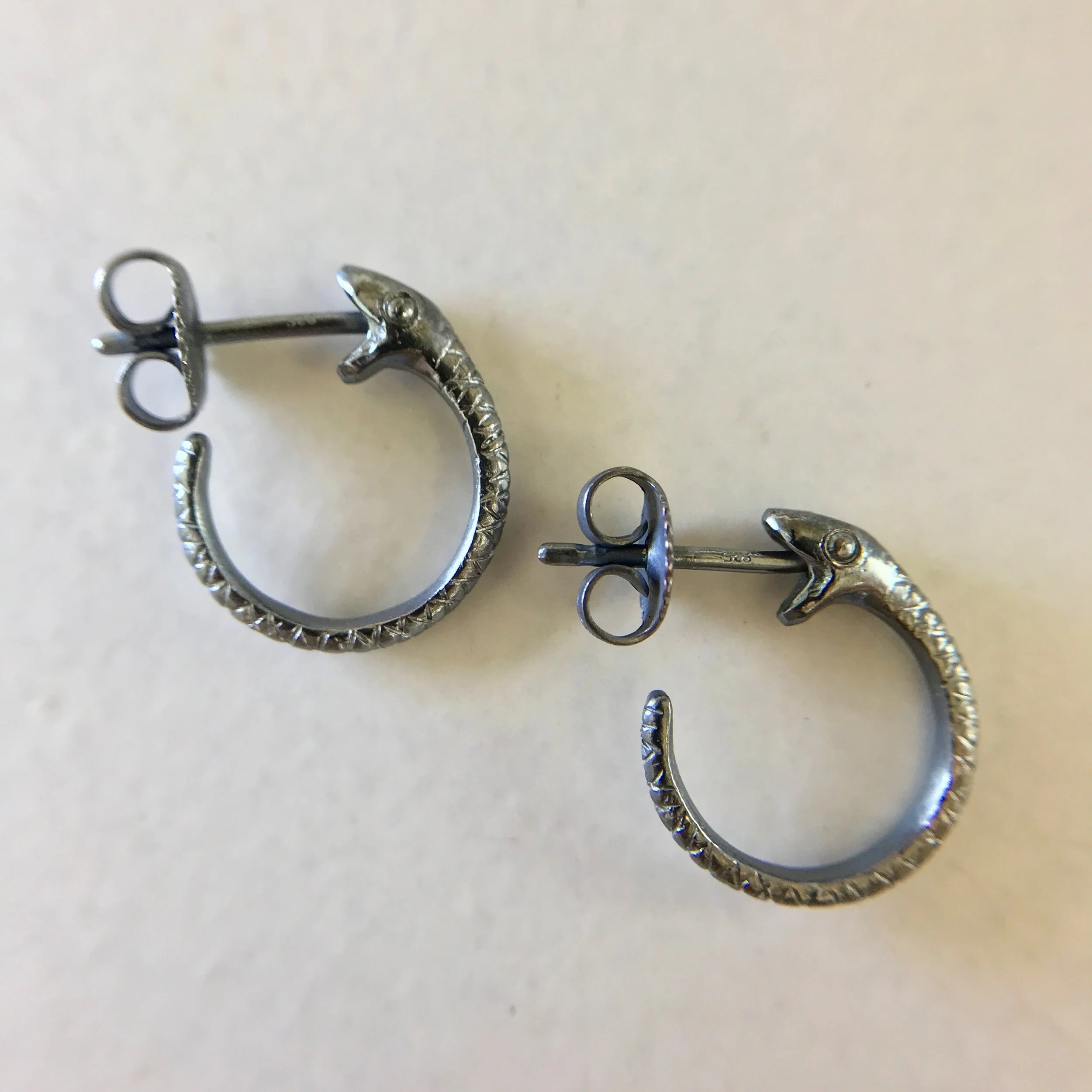 Beloved Little Lamb Small Snakebite Hoop Earrings in Oxidized Silver