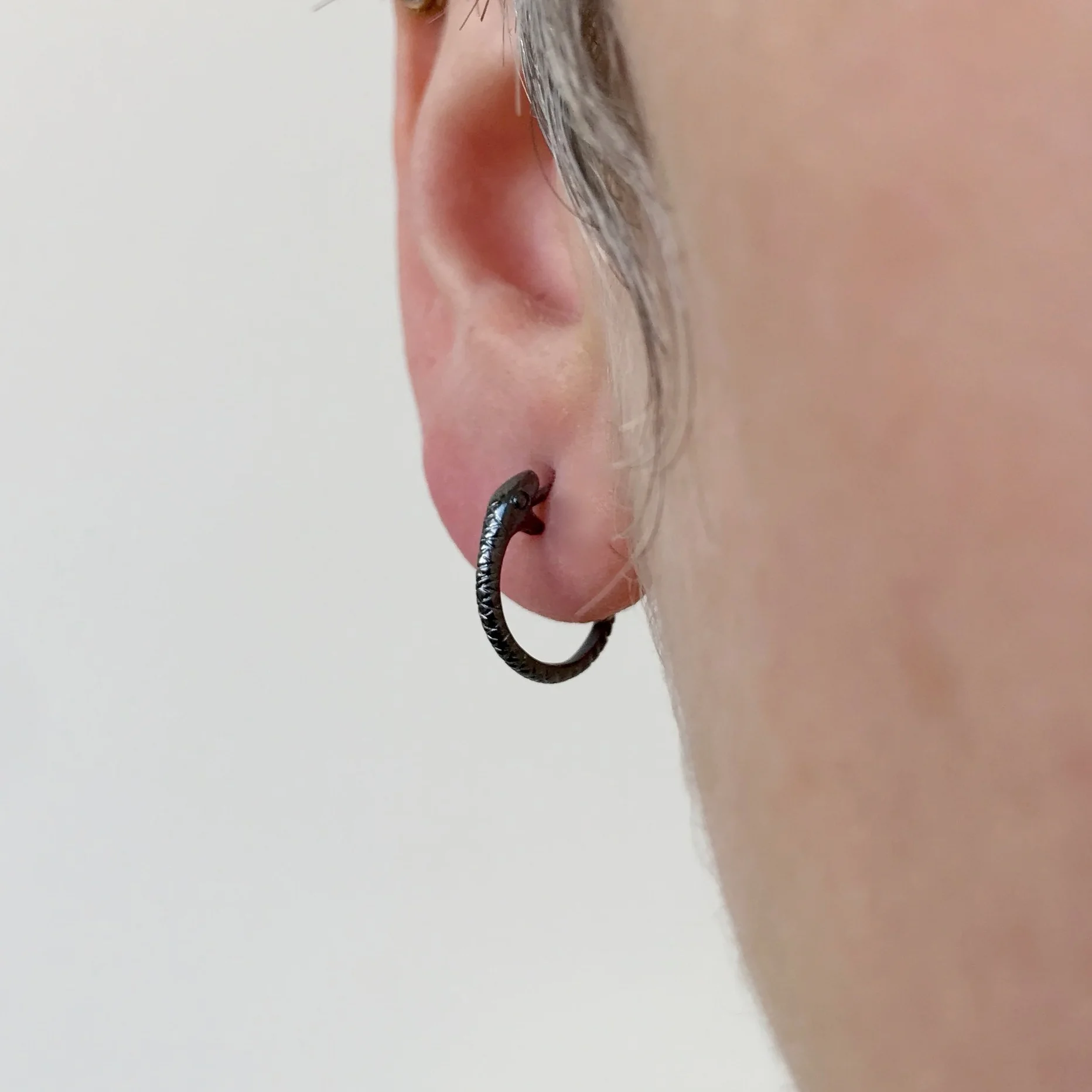 Beloved Little Lamb Small Snakebite Hoop Earrings in Oxidized Silver